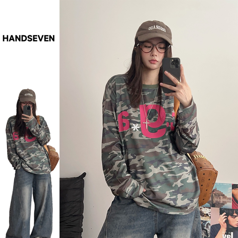 HandSeven春秋季潮牌复古迷彩字母印花宽松长袖圆领T恤打底上衣服