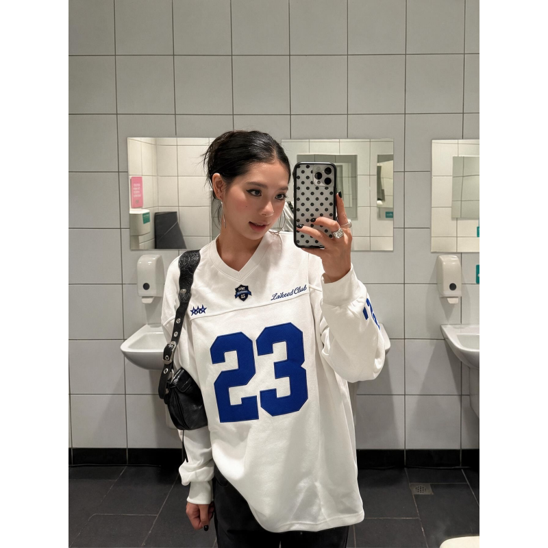HandSeven春秋季痞帅宽松贴布刺绣字母长袖T恤男女情侣打底上衣服