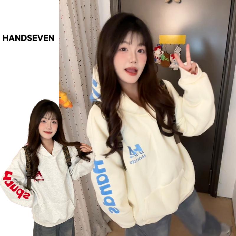 HandSeven国风潮牌高街毛绒字母刺绣宽松连帽卫衣情侣同款上衣服