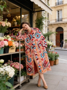 小众26秋冬 法式 特色刺绣花枝纯棉长外套 suzani印度进口 夏萨珑