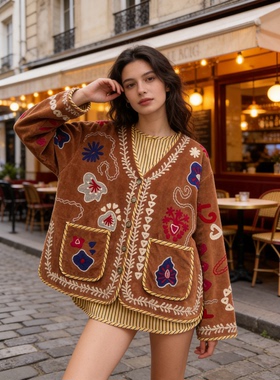 夏萨珑！印度进口法式小众26秋冬suzani刺绣天鹅绒夹克高密度外套