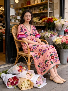 夏萨珑 乡村 花仙子清迈棉手工刺绣度假风波西米亚连衣裙 法式