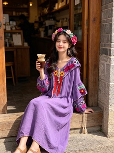 夏萨珑！泰国手工刺绣泰棉长袖连衣裙度假风波西米亚长袍刺绣2026