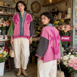 夏萨珑！彩拼新款泰国手工刺子绣水洗棉拼布和服式外套开衫上衣秋