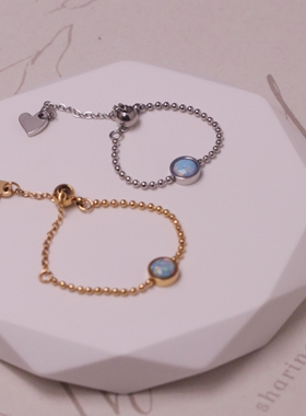 洗手不用摘轻奢小众风情人造欧泊澳宝蓝色软链条钛钢可调节女戒指