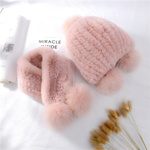 新款獭兔毛女冬季保暖宝宝护耳帽儿童真皮草帽子围巾套装甜美可爱