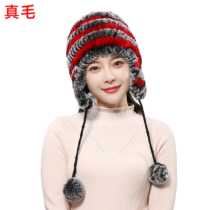 獭兔毛编织皮草帽子女士冬季加厚保暖毛线护耳雷锋帽毛球可爱毛绒