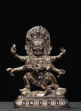 六臂玛哈嘎拉佛像复古纯黄铜拓金藏传家用佛堂供奉工艺品装饰摆件