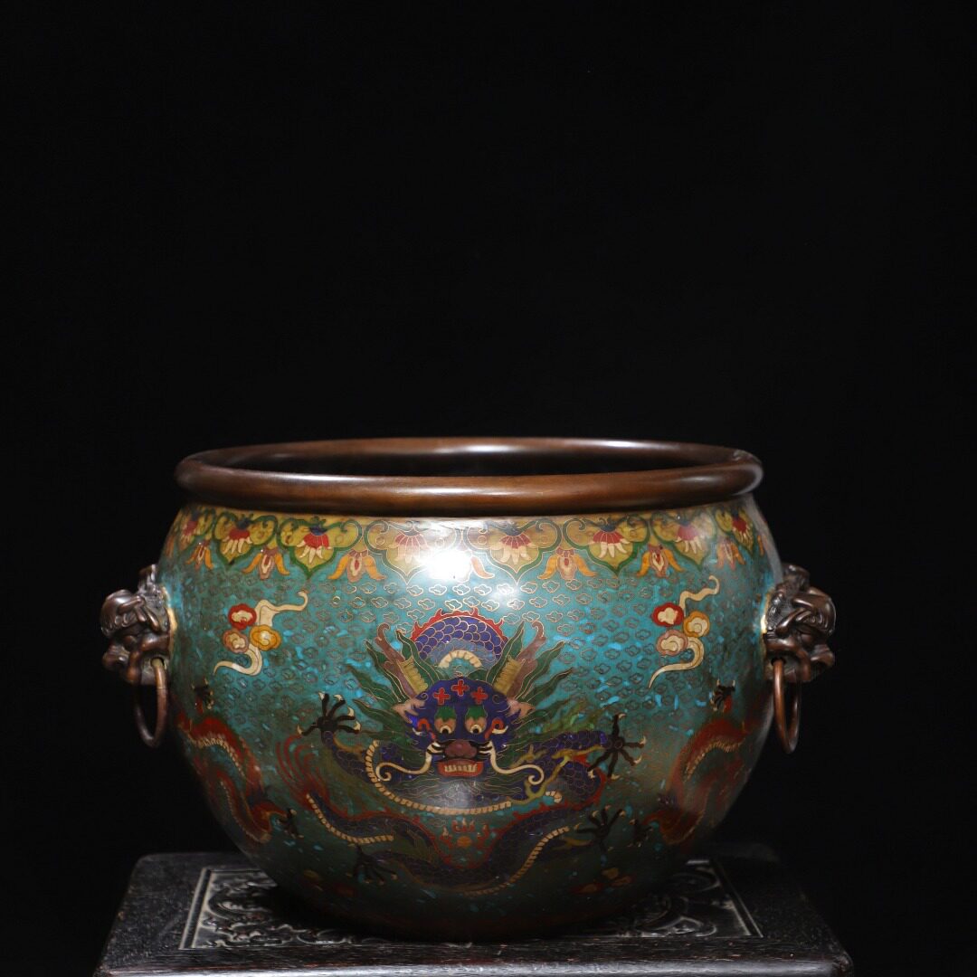 大号古玩杂项古董实拍精品铜胎掐丝景泰蓝兽耳衔环龙头缸摆件收藏