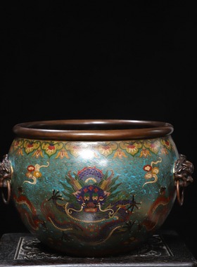 大号古玩杂项古董实拍精品铜胎掐丝景泰蓝兽耳衔环龙头缸摆件收藏