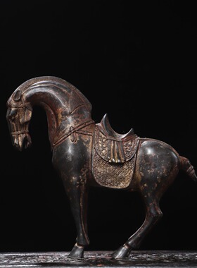 古玩铜器收藏仿古实心铜小唐马摆件骏马带马鞍马驹小铜马把件唐马