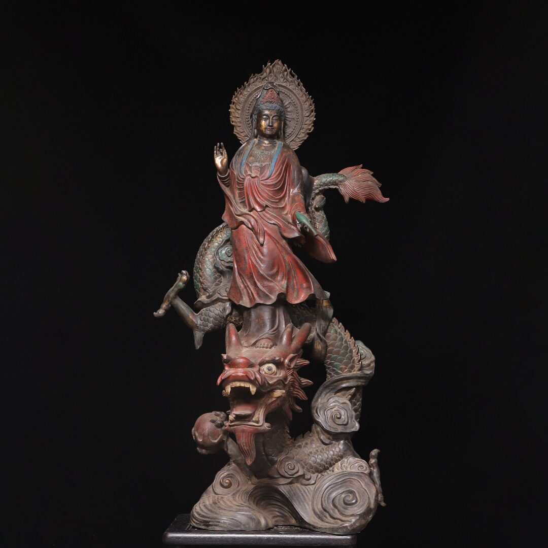 大号玉龙观音菩萨神佛像纯黄铜雕佛堂供奉装饰工艺品桌面复古摆件