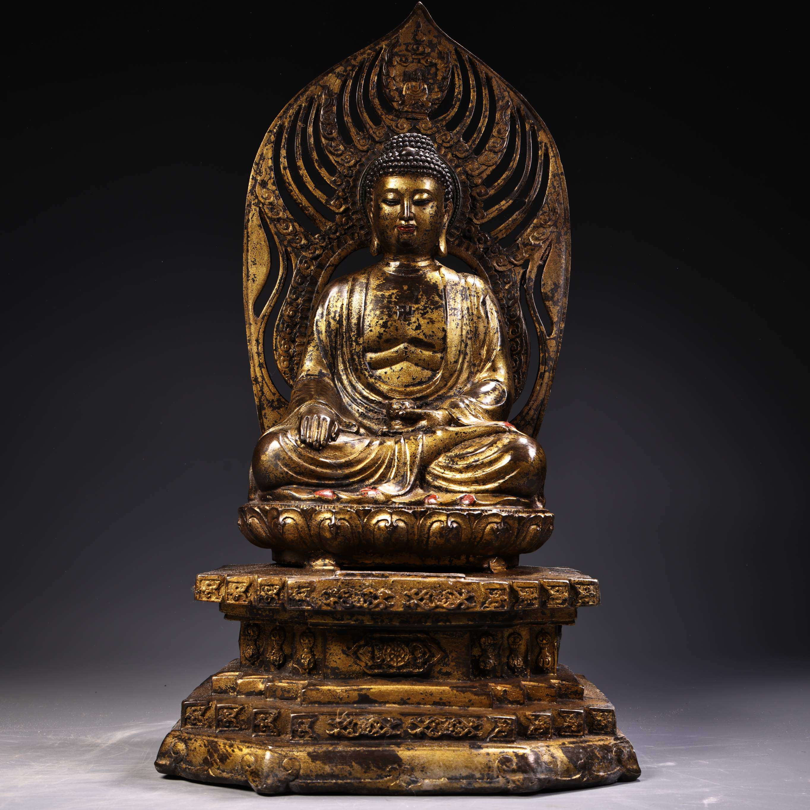 释迦牟尼阿弥陀佛像带背光纯铜器雕鎏金复古佛堂供奉装饰桌面摆件