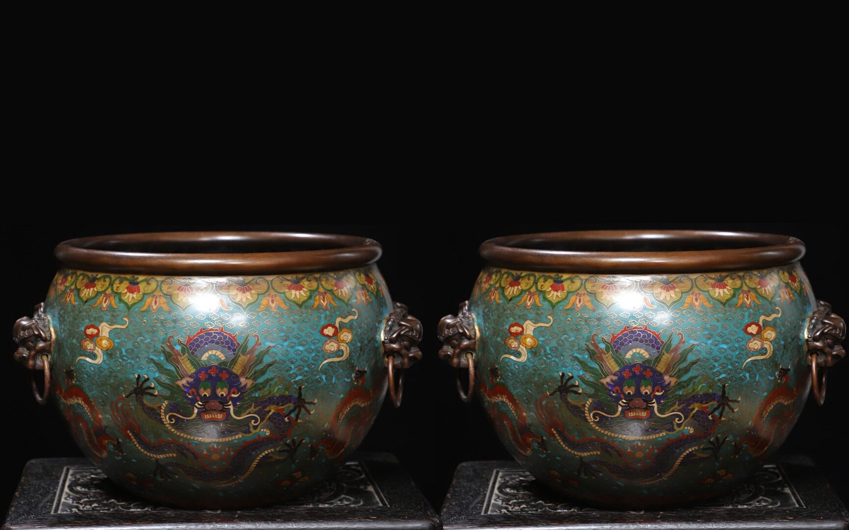 大号古玩杂项古董精品铜胎掐丝景泰蓝兽耳衔环龙头缸一对摆件收藏