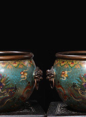 大号古玩杂项古董精品铜胎掐丝景泰蓝兽耳衔环龙头缸一对摆件收藏