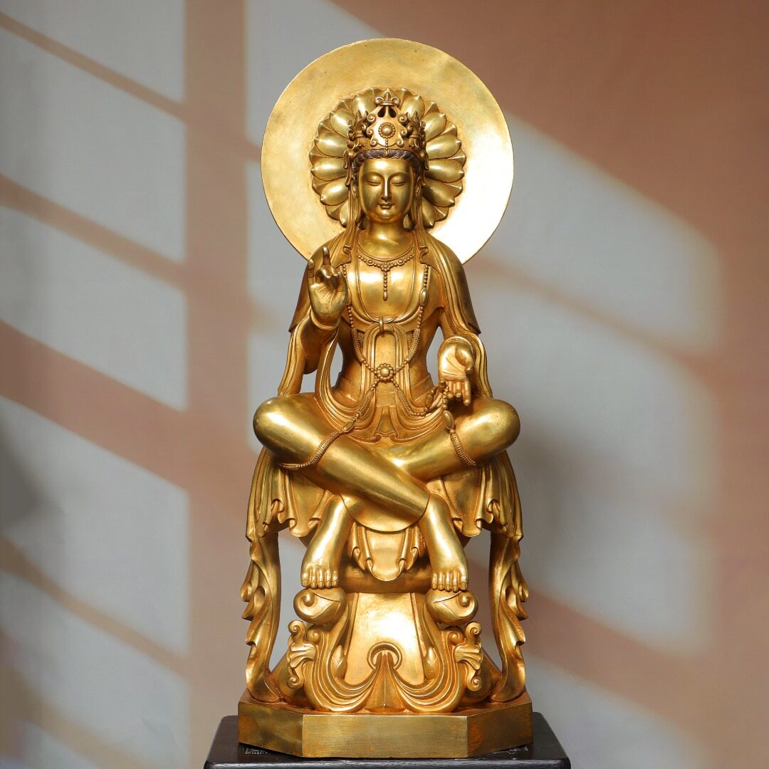 藏传密宗纯纯黄铜器雕全鎏金观音菩萨佛像摆件精工家居桌面装饰品