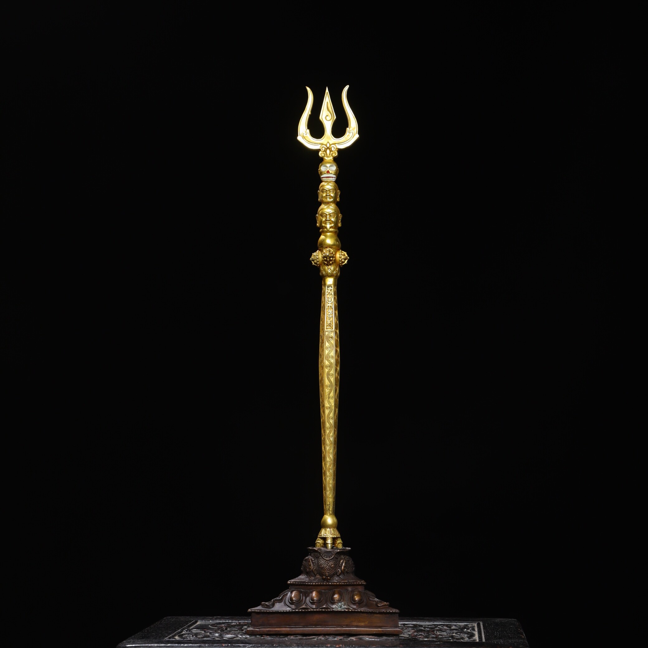 大号纯黄铜三叉金刚杵法器摆件家用佛堂道士佛头天杖降魔杵工艺品