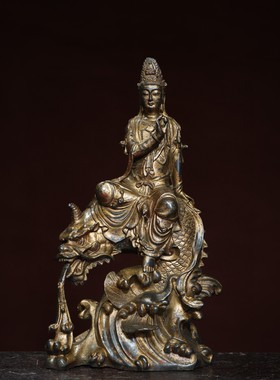 铜泥金佛像自在龙鱼南海观世音菩萨佛家居客厅供奉神像装饰品摆件