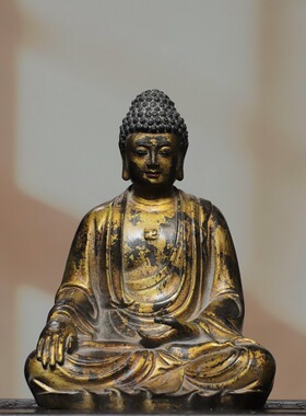 阿弥陀佛像纯黄铜雕佛像释迦牟尼客厅佛堂供佛桌面装饰品复古摆件