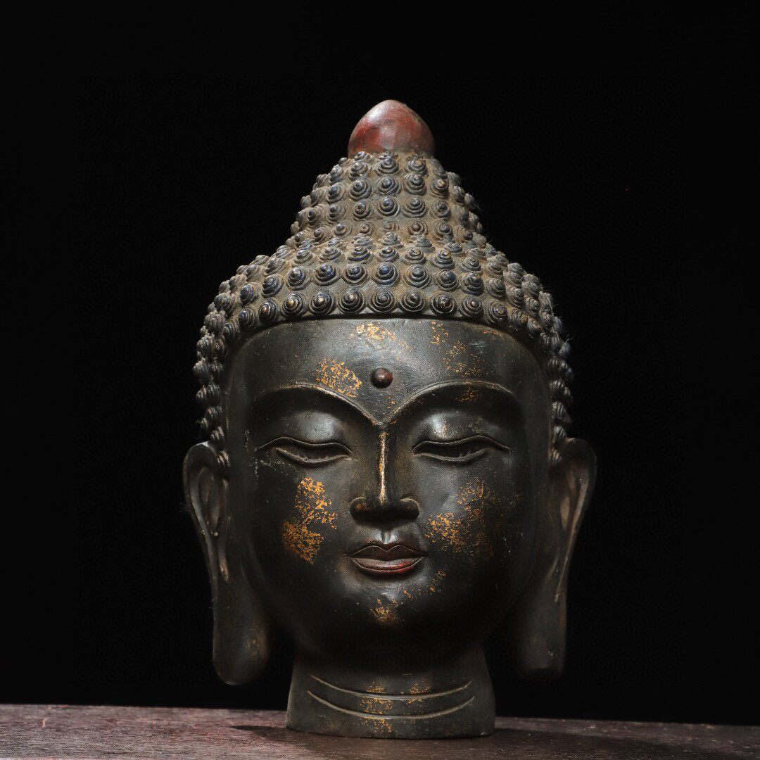 纯铜拓金释迦摩尼佛头佛光普照佛头佛像客厅办公室装饰品桌面摆件