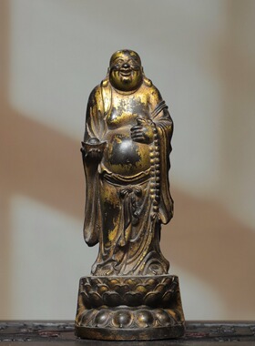 招财站弥勒佛像仿古纯黄铜器雕家居用佛堂供奉桌面装饰品复古摆件