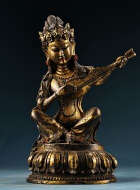藏传密宗大号妙音天女佛像黄铜藏式妙音佛母桌面摆件琵琶智慧度母