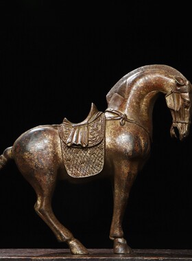 古玩铜器收藏仿古实心铜小唐马摆件骏马带马鞍马驹小铜马把件唐马