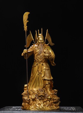 纯黄铜鎏金关公武财神关羽关二爷九龙关公令旗拖宝聚宝盆关公摆件