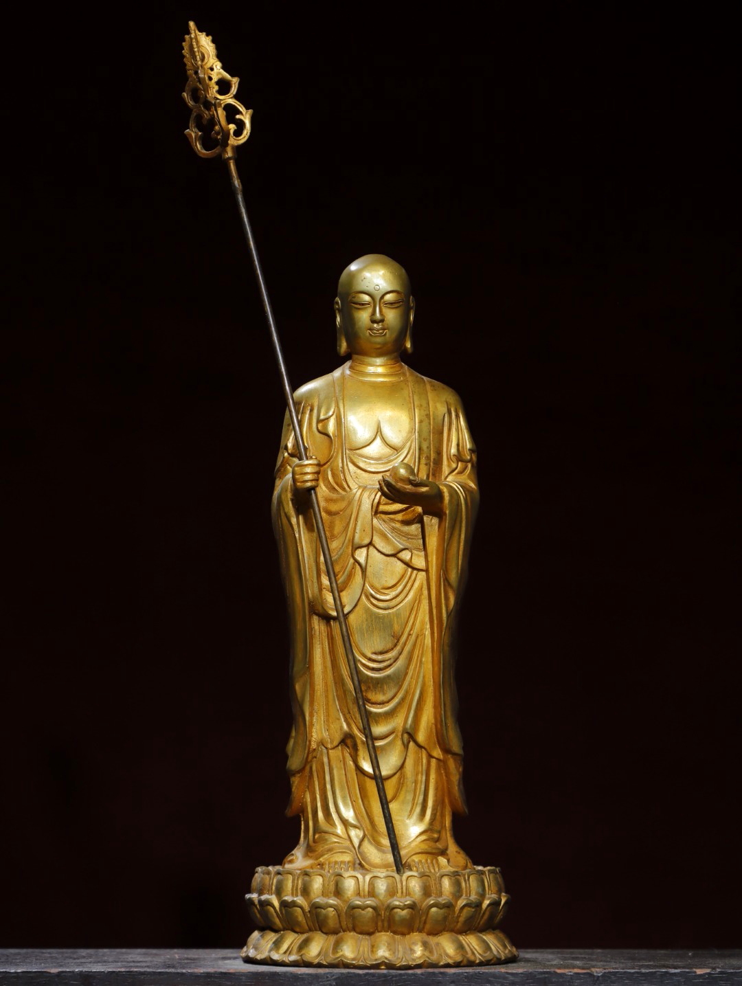 全鎏金地藏王菩萨佛像藏传密宗纯黄铜家用玄关佛堂供奉装饰品摆件