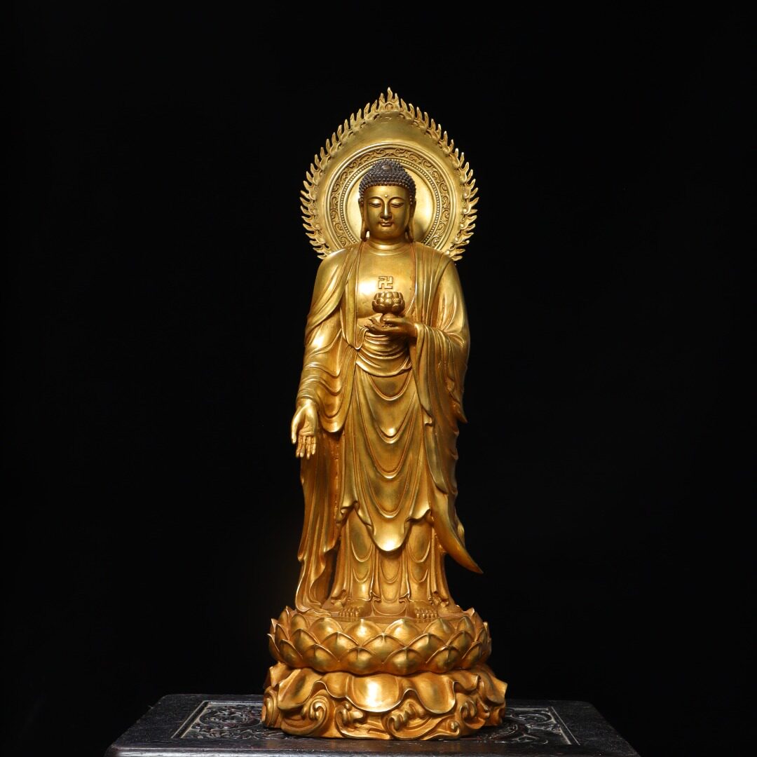 纯铜鎏金站释迦牟尼背光阿弥陀佛像供奉摆件西方三圣家居佛堂装饰