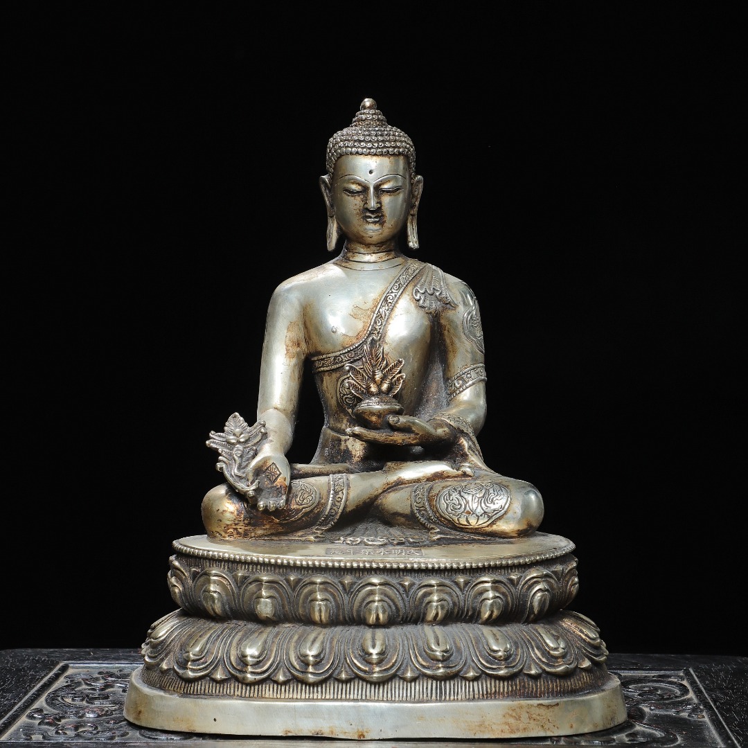 药师佛古玩纯白铜鎏银佛像释迦牟尼铜佛堂供奉装饰摆件复古收藏品