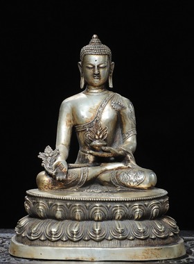 药师佛古玩纯白铜鎏银佛像释迦牟尼铜佛堂供奉装饰摆件复古收藏品