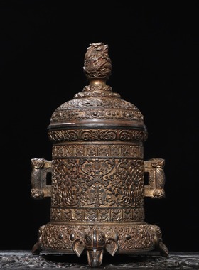 藏传密宗纯铜龙头盖熏香炉三足象复古香薰炉家居佛具沉线檀香摆件