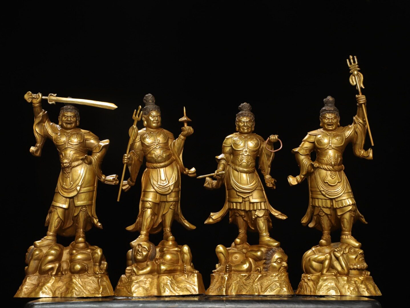 四大天王纯黄铜器雕鎏金摆件家居佛堂供奉装饰工艺品桌面复古摆件