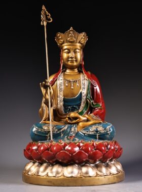 地藏王菩萨佛像纯黄铜器彩绘复古家居佛堂供奉装饰工艺品桌面摆件