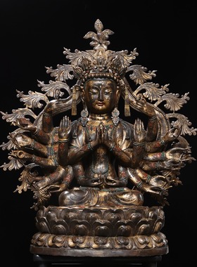 大号千手观音菩萨神像准提十八臂佛母纯黄铜泥金复古装饰工艺摆件