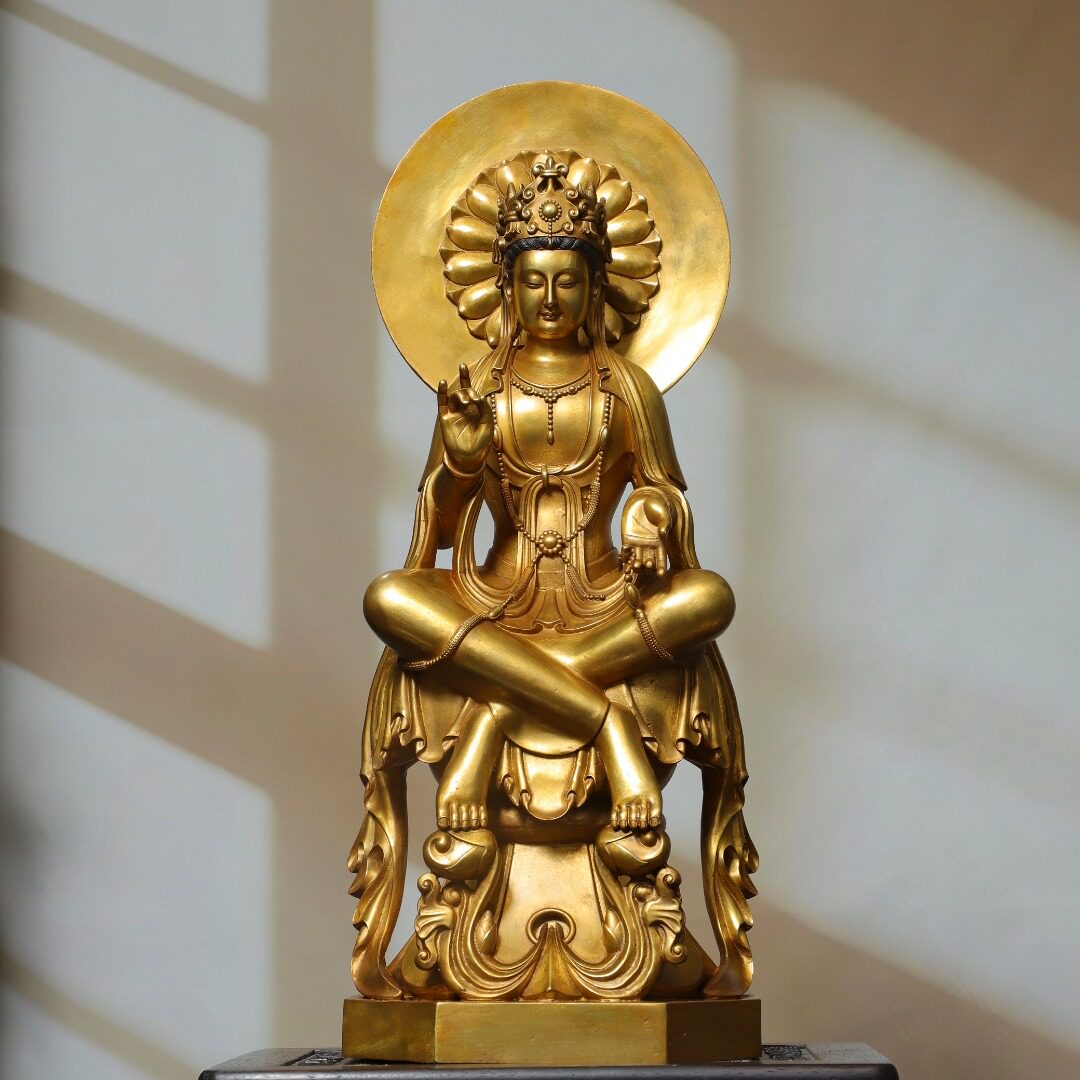 南海自在观世音菩萨佛像黄铜鎏金客厅佛堂供佛桌面装饰品复古摆件