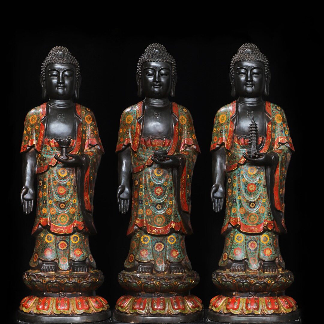 大号三宝佛像站释迦牟尼景泰蓝掐丝珐琅彩寺庙佛堂供奉装饰品摆件
