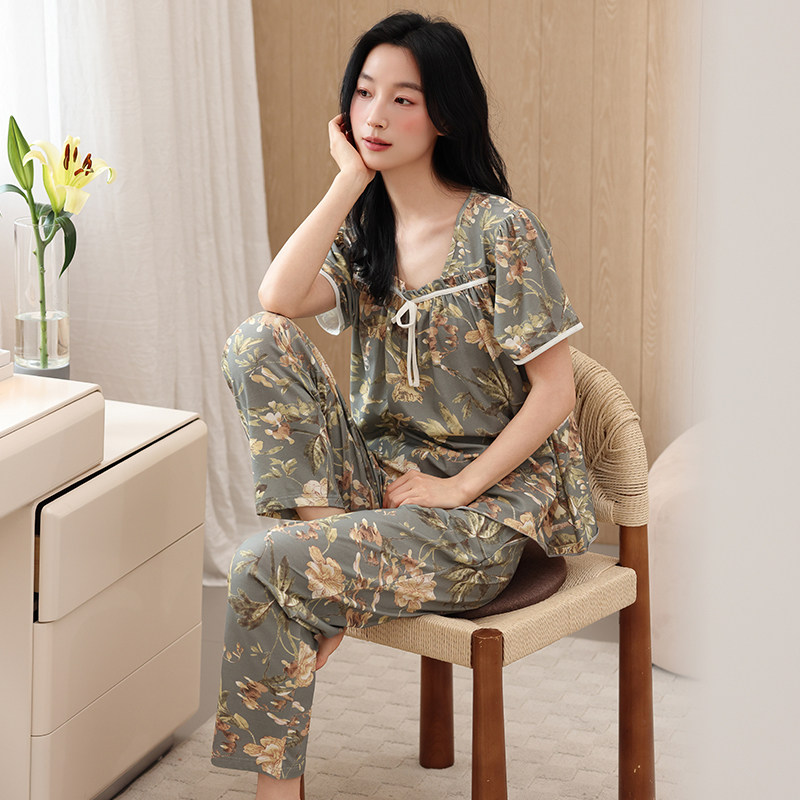 2026新款睡衣女夏季纯棉短袖长裤薄款夏天休闲可外穿妈妈家居服