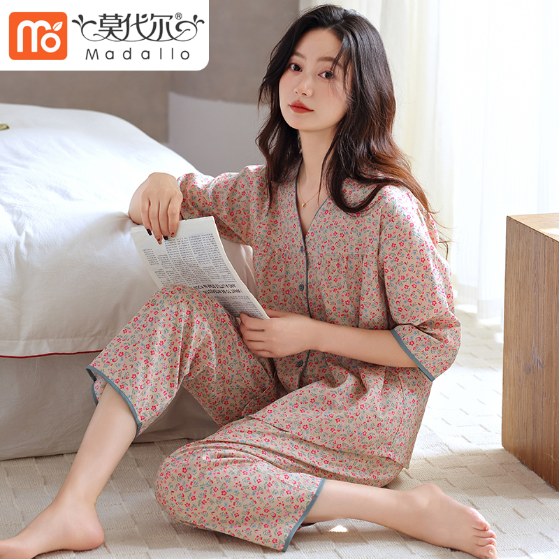 梭织棉睡衣女士春秋款纯棉七分袖八分裤套装中老年妈妈夏季家居服