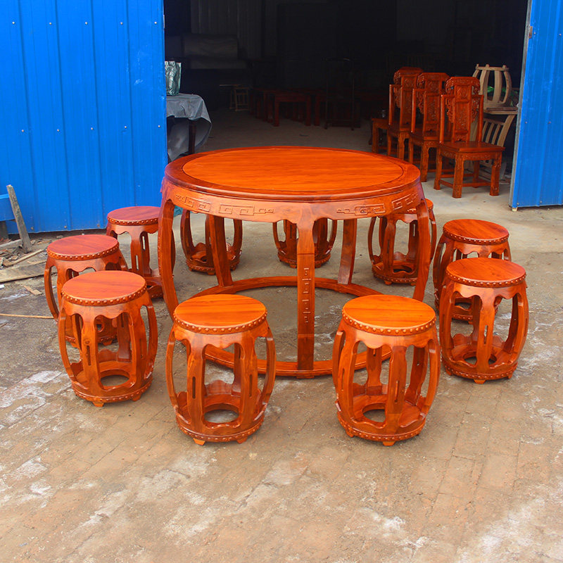 全实木鼓台榆木大圆桌鼓桌鼓凳餐桌椅组合中式仿古吃饭桌圆凳圆台