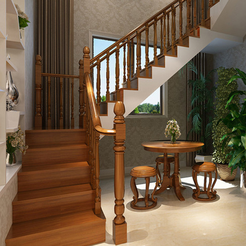 实木楼梯扶手护栏栏杆乡村自建别墅简约轻奢橡胶木大小柱网红成都