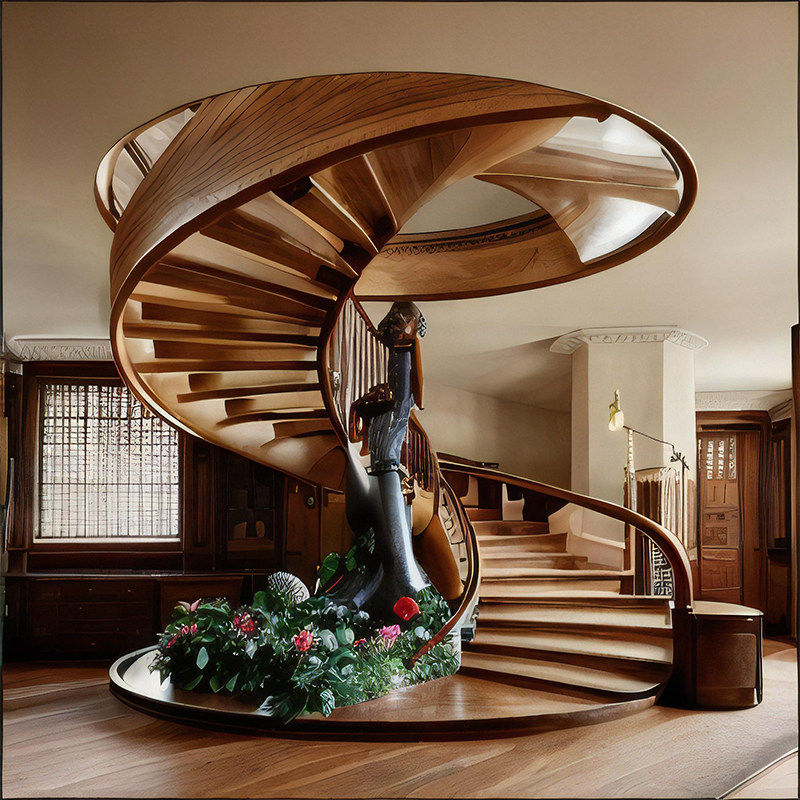 成都实木旋转楼梯弧形扶手艺术钢板别墅悬浮楼梯钢木玻璃护栏定制