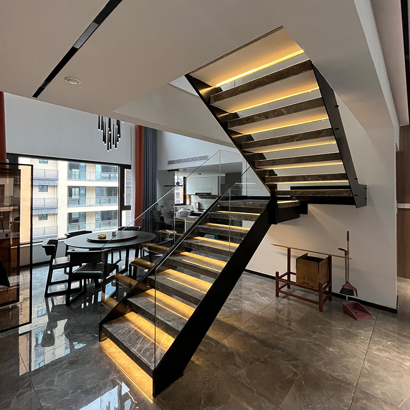 钢结构楼梯双钢梁石材踏步玻璃栏杆实木扶手钢木梯成都定做包安装