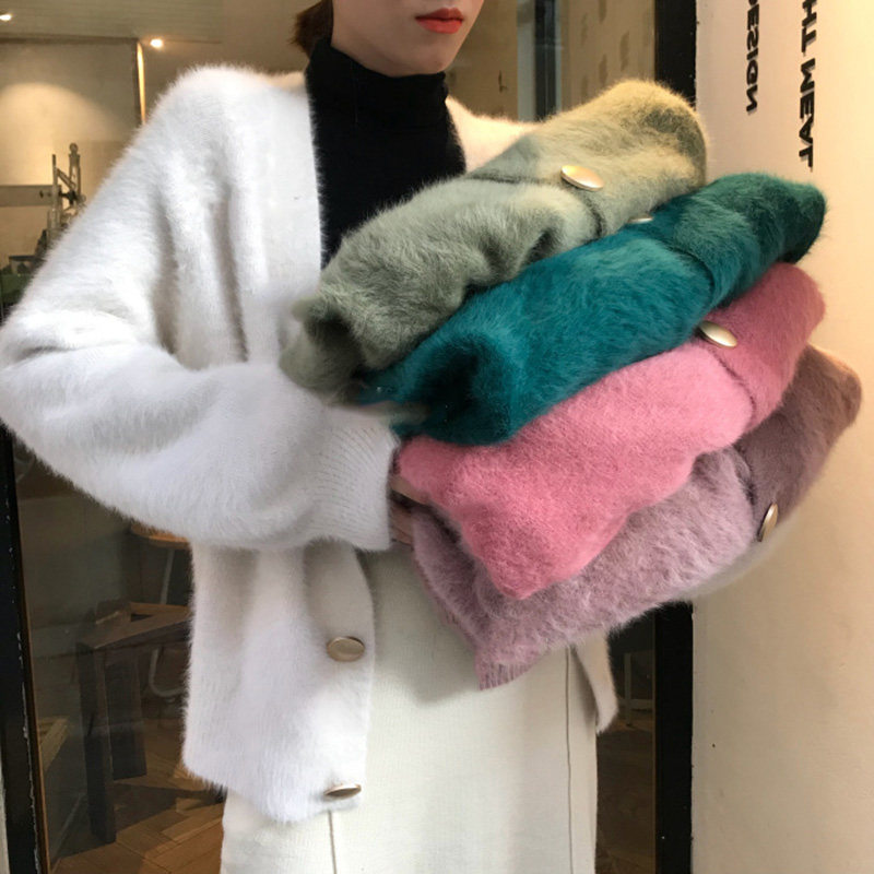 水貂绒外套女短款慵懒风毛绒绒网红针织开衫冬温柔V领马海毛上衣