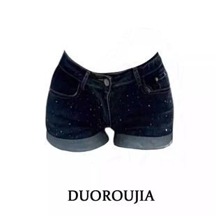 大码女装胖mm美式重工烫钻蓝色低腰牛仔短裤女辣妹显瘦包臀热裤子