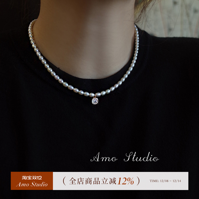 AMO水滴方块天然珍珠项链小众