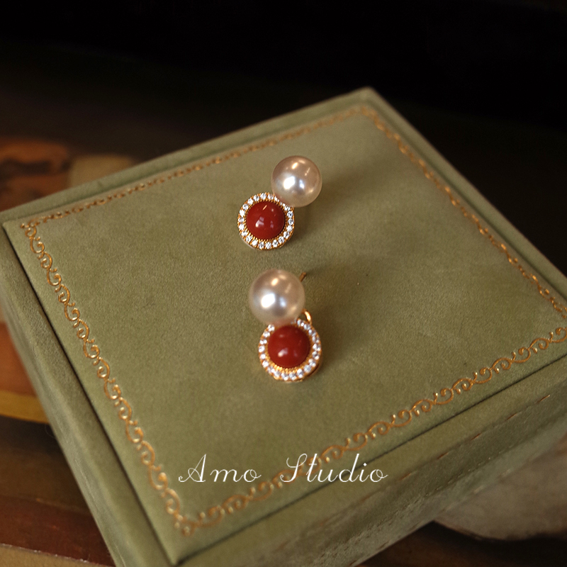AMO天然南红珍珠耳环轻奢高级感