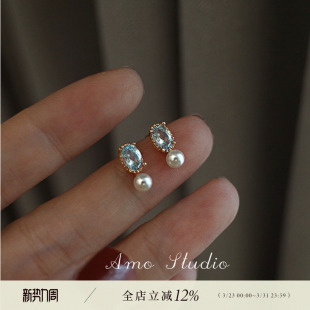AMO微风海岸托帕石珍珠耳环女2025年新款 轻奢小众设计耳钉 潮法式