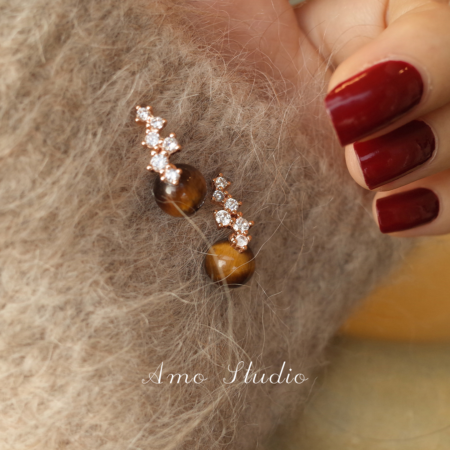 AMO闪钻虎眼石耳环复古高级秋冬